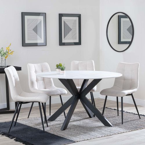 Novara White Ceramic 4 Seater Round Dining Set - 4 Corona Beige Fabric Dining Chair
