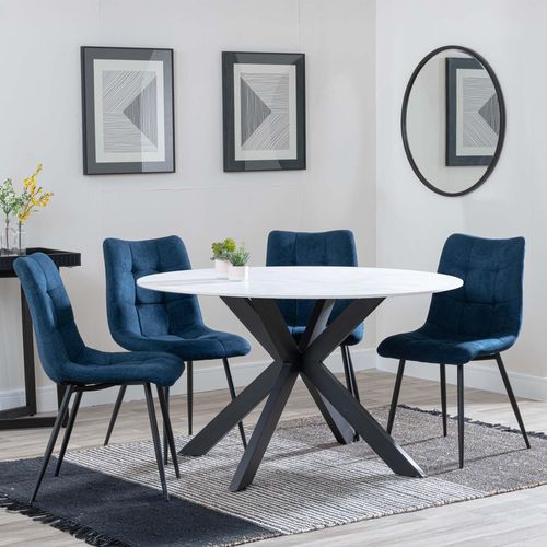 Novara White Ceramic 4 Seater Round Dining Set - 4 Corona Blue Fabric Dining Chair