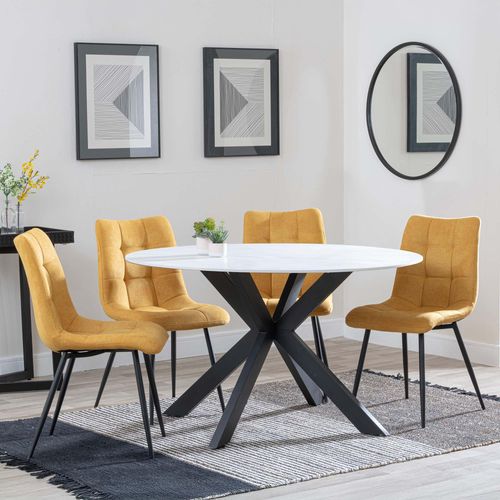 Novara White Ceramic 4 Seater Round Dining Set - 4 Corona Yellow Fabric Dining Chair