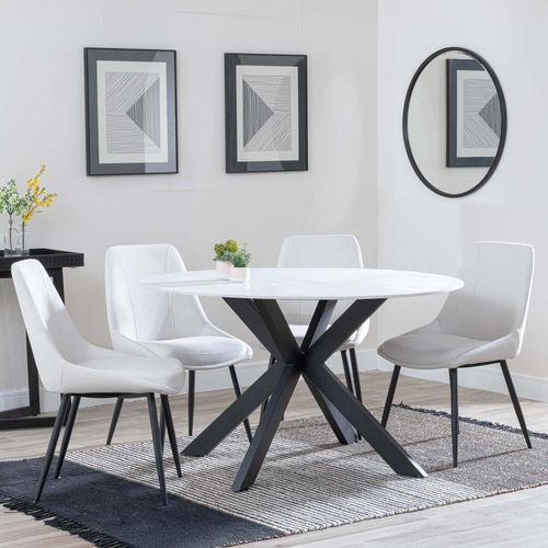Novara White Ceramic 4 Seater Round Dining Set - 4 Darwin Cream Fabric Dining Chair