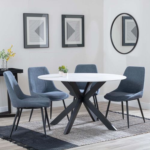 Novara White Ceramic 4 Seater Round Dining Set - 4 Darwin Dark Grey Fabric Dining Chair