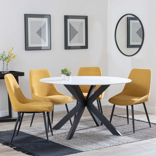 Novara White Ceramic 4 Seater Round Dining Set - 4 Darwin Yellow Fabric Dining Chair
