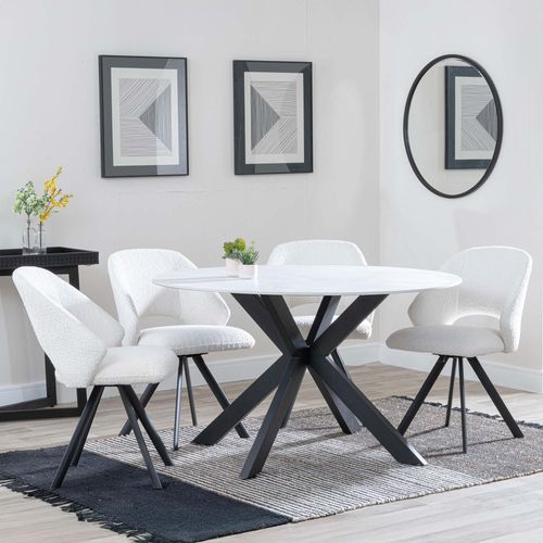 Novara White Ceramic 4 Seater Round Dining Set - 4 Ion Cream Boucle Teddy Fabric Swivel Dining Chair