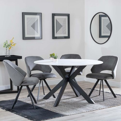 Novara White Ceramic 4 Seater Round Dining Set - 4 Ion Dark Grey Velvet Fabric Swivel Dining Chair