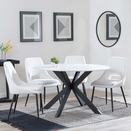 Novara White Ceramic 4 Seater Round Dining Set - 4 Peyton Cream Fabric Dining Chair
