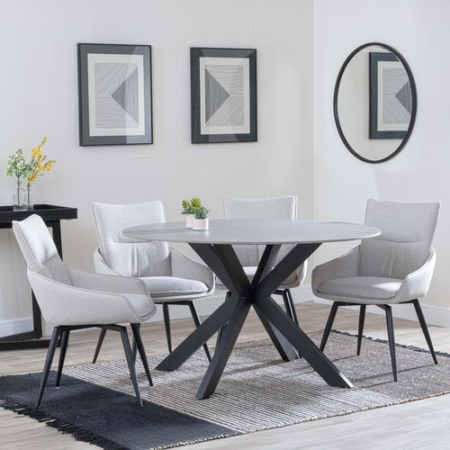 Novara Grey Ceramic 4 Seater Round Dining Set - 4 Ace Beige Fabric Swivel Dining Chair