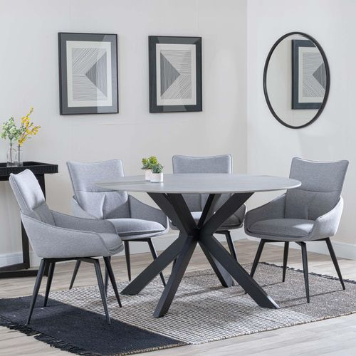 Novara Grey Ceramic 4 Seater Round Dining Set - 4 Ace Grey Fabric Swivel Dining Chair