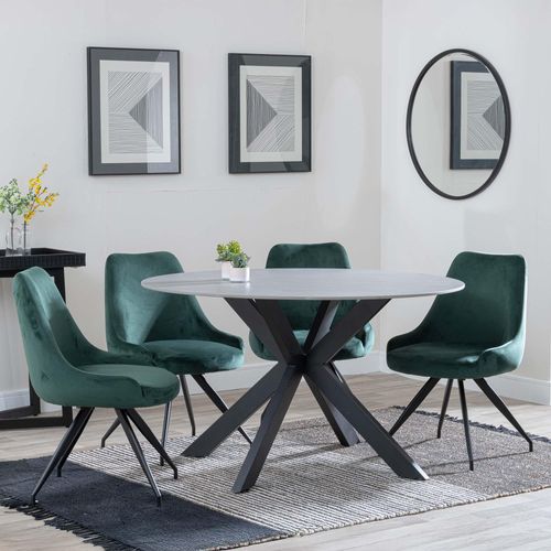 Novara Grey Ceramic 4 Seater Round Dining Set - 4 Arctic Green Velvet Fabric Swivel Dining Chair