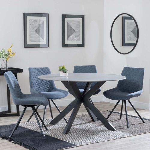 Novara Grey Ceramic 4 Seater Round Dining Set - 4 Boden Dark Grey Fabric Swivel Dining Chair
