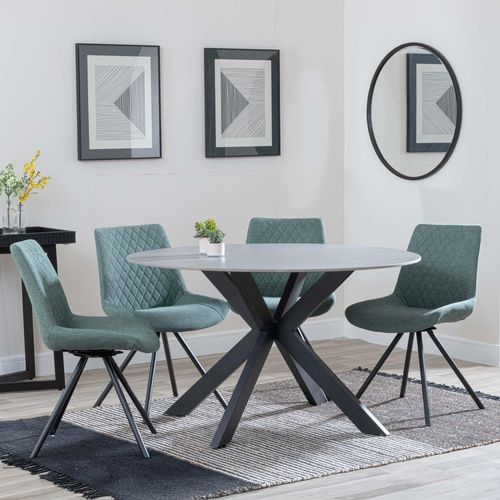 Novara Grey Ceramic 4 Seater Round Dining Set - 4 Boden Green Fabric Swivel Dining Chair