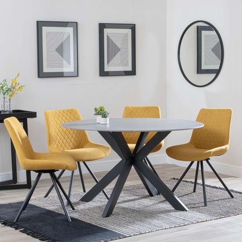 Novara Grey Ceramic 4 Seater Round Dining Set - 4 Boden Yellow Fabric Swivel Dining Chair