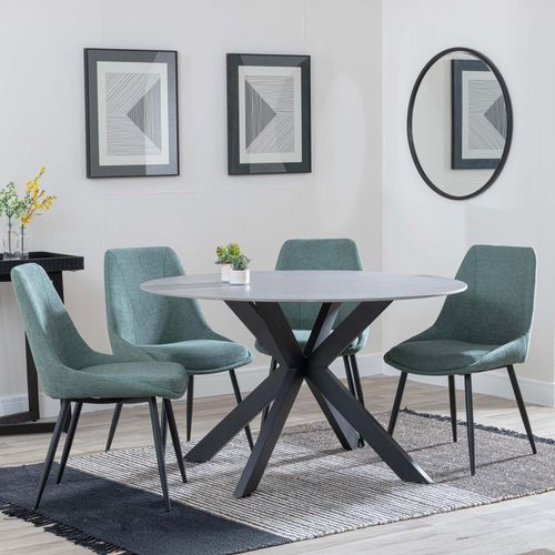 Novara Grey Ceramic 4 Seater Round Dining Set - 4 Darwin Green Fabric Dining Chair