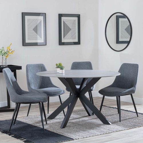 Novara Grey Ceramic 4 Seater Round Dining Set - 4 Darwin Grey Fabric Dining Chair