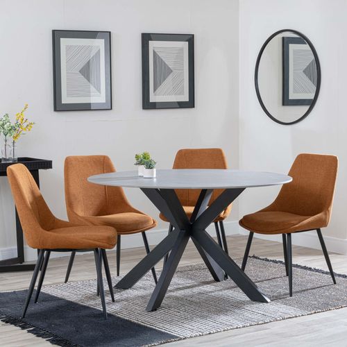 Novara Grey Ceramic 4 Seater Round Dining Set - 4 Darwin Orange Fabric Dining Chair