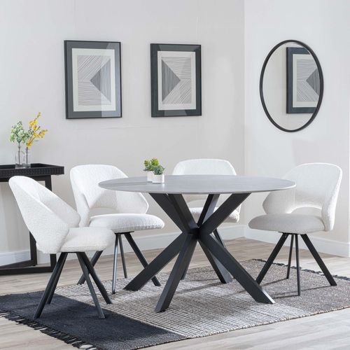 Novara Grey Ceramic 4 Seater Round Dining Set - 4 Ion Cream Boucle Teddy Fabric Swivel Dining Chair