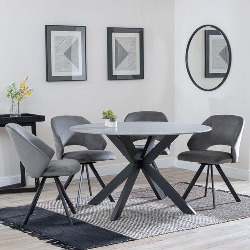 Novara Grey Ceramic 4 Seater Round Dining Set - 4 Ion Dark Grey Velvet Fabric Swivel Dining Chair