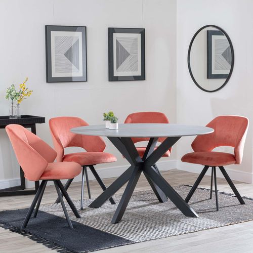 Novara Grey Ceramic 4 Seater Round Dining Set - 4 Ion Orange Velvet Fabric Swivel Dining Chair