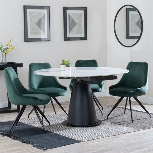 Carrara White Ceramic 4 Seater Round Extending Dining Set - 4 Arctic Green Velvet Fabric Swivel Dining Chair