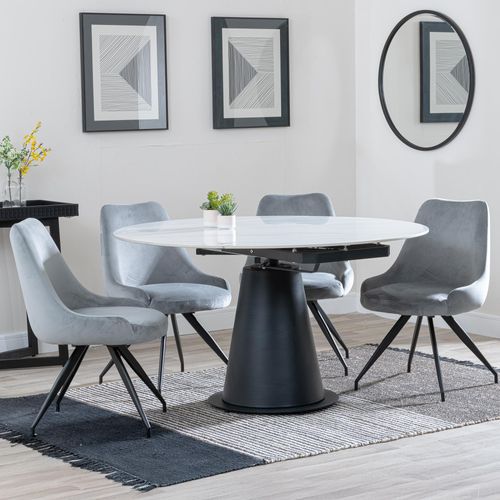Carrara White Ceramic 4 Seater Round Extending Dining Set - 4 Arctic Grey Velvet Fabric Swivel Dining Chair