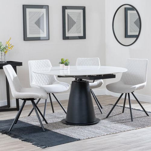 Carrara White Ceramic 4 Seater Round Extending Dining Set - 4 Boden Cream Fabric Swivel Dining Chair