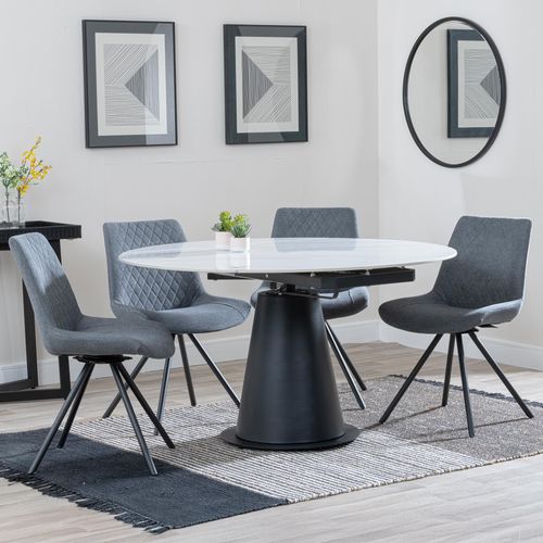 Carrara White Ceramic 4 Seater Round Extending Dining Set - 4 Boden Grey Fabric Swivel Dining Chair