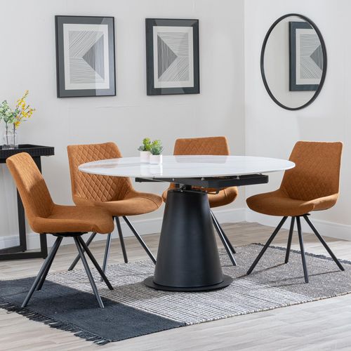 Carrara White Ceramic 4 Seater Round Extending Dining Set - 4 Boden Orange Fabric Swivel Dining Chair