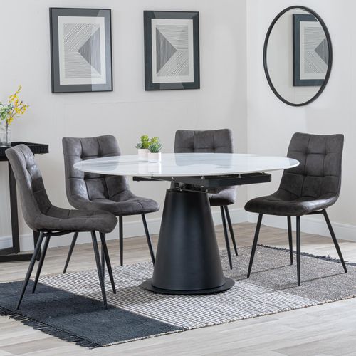 Carrara White Ceramic 4 Seater Round Extending Dining Set - 4 Corona Grey Fabric Dining Chair