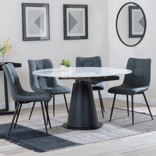 Carrara White Ceramic 4 Seater Round Extending Dining Set - 4 Corona Light Grey Fabric Dining Chair