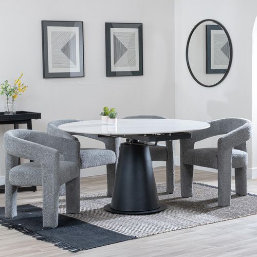 Carrara White Ceramic 4 Seater Round Extending Dining Set - 4 Kiefer Grey Boucle Fabric Dining Chair