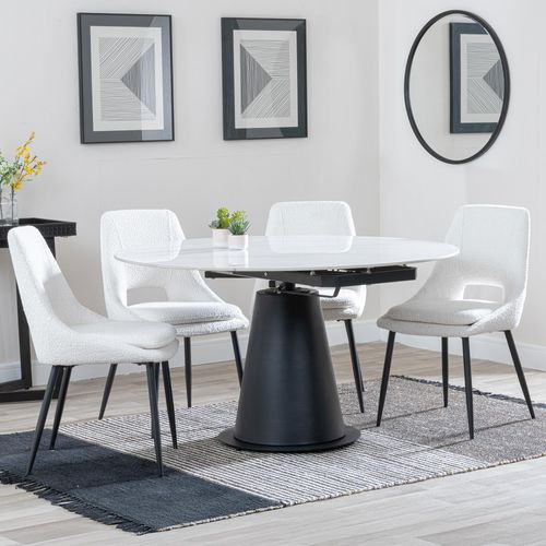 Carrara White Ceramic 4 Seater Round Extending Dining Set - 4 Peyton Cream Fabric Dining Chair