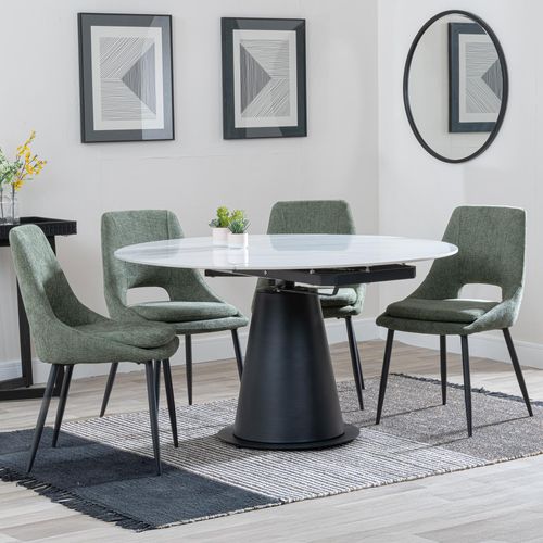 Carrara White Ceramic 4 Seater Round Extending Dining Set - 4 Peyton Green Fabric Dining Chair