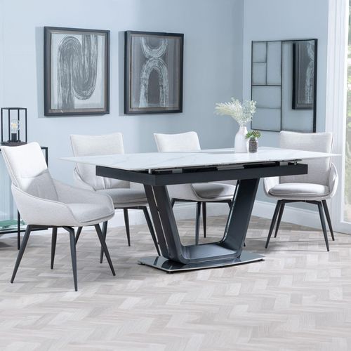 Alpha White Ceramic Extending Dining Set - Ace Beige Fabric Swivel Dining Chair