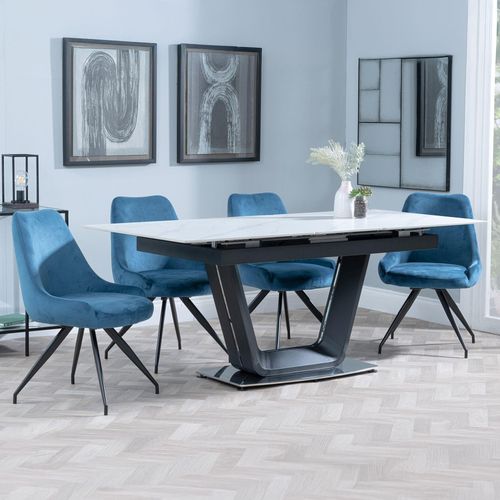 Alpha White Ceramic Extending Dining Set - Arctic Blue Velvet Fabric Swivel Dining Chair