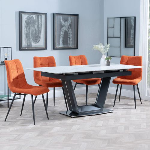 Alpha White Ceramic Extending Dining Set - Corona Orange Fabric Dining Chair