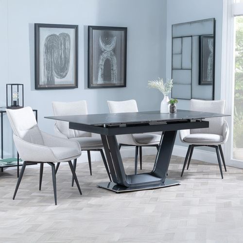Alpha Black Ceramic Extending Dining Set - Ace Beige Fabric Swivel Dining Chair