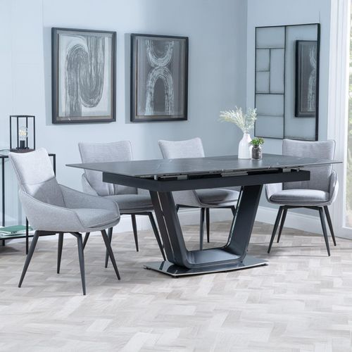Alpha Black Ceramic Extending Dining Set - Ace Grey Fabric Swivel Dining Chair
