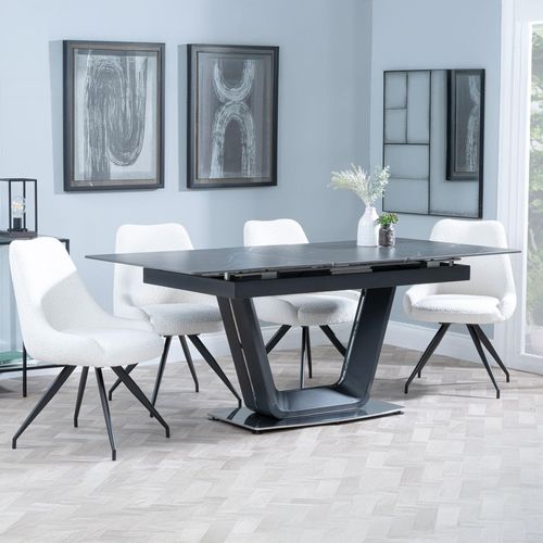 Alpha Black Ceramic Extending Dining Set - Arctic Cream Velvet Fabric Swivel Dining Chair