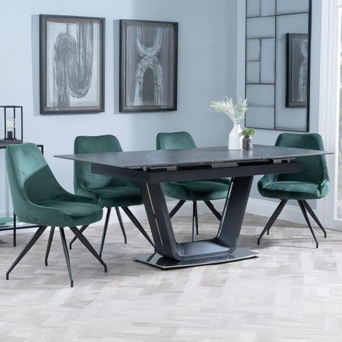Alpha Black Ceramic Extending Dining Set - Arctic Green Velvet Fabric Swivel Dining Chair