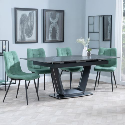 Alpha Black Ceramic Extending Dining Set - Corona Green Fabric Dining Chair