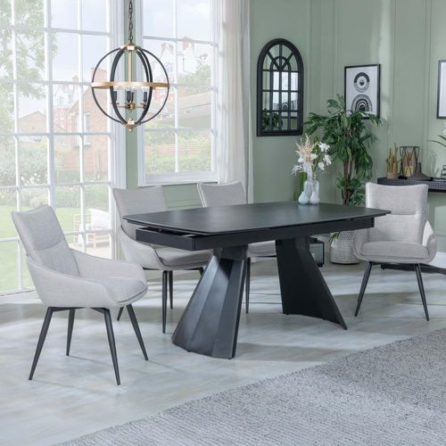Kinston Black Ceramic Extending Dining Set - Ace Beige Fabric Swivel Dining Chair