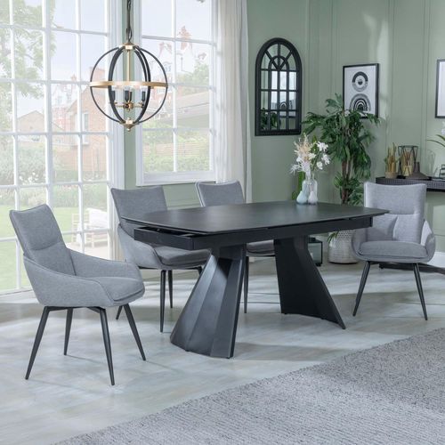 Kinston Black Ceramic Extending Dining Set - Ace Grey Fabric Swivel Dining Chair