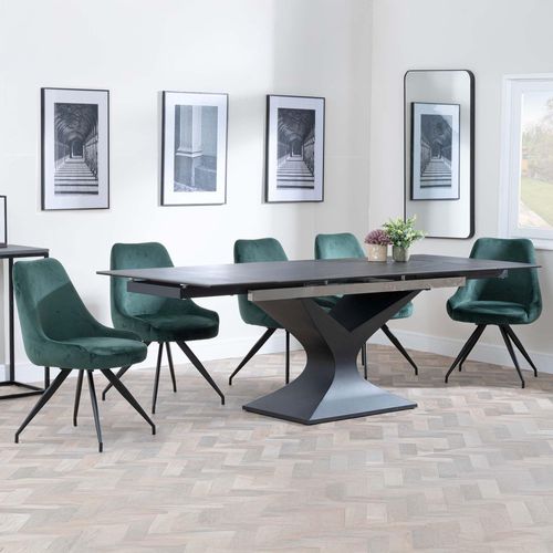 Anvik Black Ceramic Extending Dining Set - Arctic Green Velvet Fabric Swivel Dining Chair