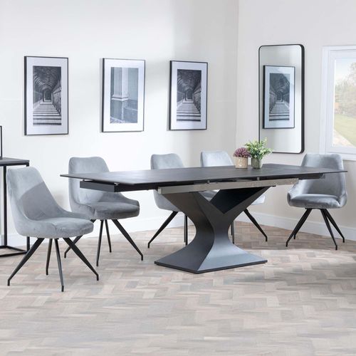 Anvik Black Ceramic Extending Dining Set - Arctic Grey Velvet Fabric Swivel Dining Chair