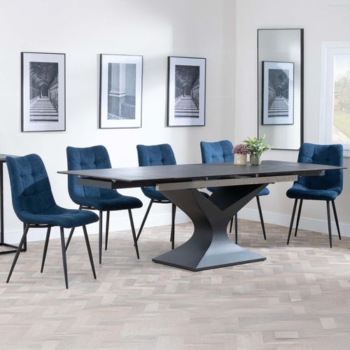 Anvik Black Ceramic Extending Dining Set - Corona Blue Fabric Dining Chair