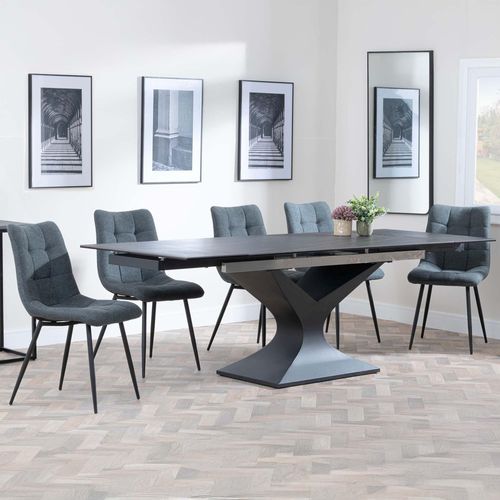 Anvik Black Ceramic Extending Dining Set - Corona Light Grey Fabric Dining Chair