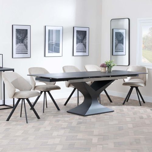 Anvik Black Ceramic Extending Dining Set - Ion Beige Velvet Fabric Swivel Dining Chair