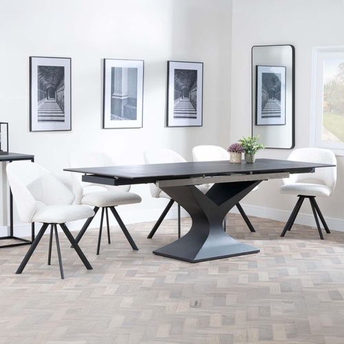 Anvik Black Ceramic Extending Dining Set - Ion Cream Boucle Teddy Fabric Swivel Dining Chair