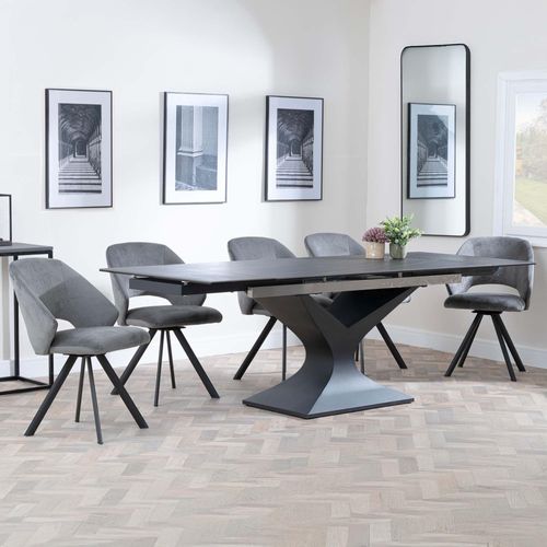 Anvik Black Ceramic Extending Dining Set - Ion Dark Grey Velvet Fabric Swivel Dining Chair