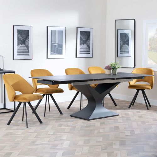 Anvik Black Ceramic Extending Dining Set - Ion Mustard Velvet Fabric Swivel Dining Chair
