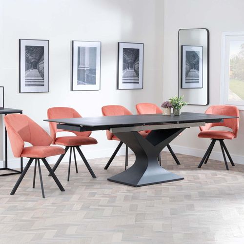 Anvik Black Ceramic Extending Dining Set - Ion Orange Velvet Fabric Swivel Dining Chair